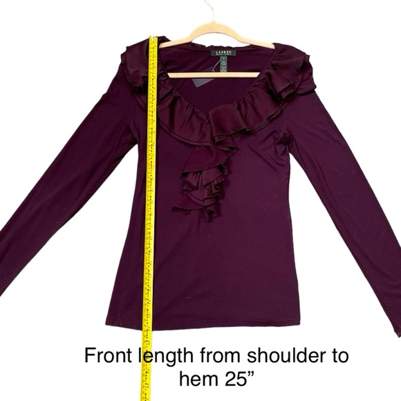 Lauren By Ralph Lauren. V-neckline Top With Ruffle Detail. Burgundy. Size Small - Picture 4 of 14